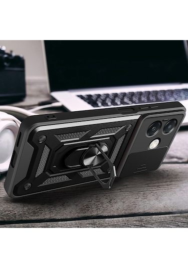 Teknomoda Oppo A3 Kılıf Yüzüklü Standlı Sürgülü Kamera Korumalı Tank Sert Silikon Kapak Siyah