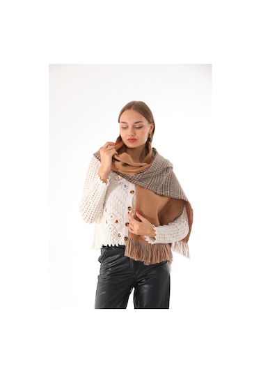 Çift Taraflı Yumuşak Dokulu Açık Kahve Şal Atkı Açık Kahverengi