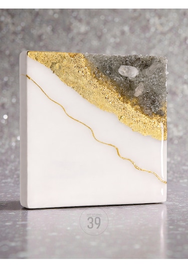 Geode Bianco Kuvars Taşlı Modern Epoksi Duvar Tablosu Enerjisel & Dekoratif Sanat 20x20 Cm