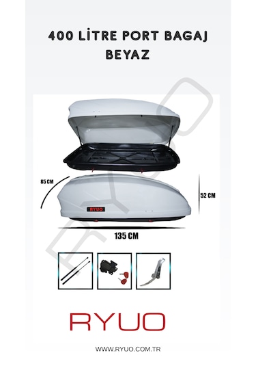 Ryuo Araç Üstü Tabut Port Bagaj 400 Litre Beyaz