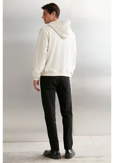 Aksel Erkek Yumuşacık Organik Pamuk Oversize Fermuarlı Baskılı Kapüşonlu Taş Rengi Sweatshirt