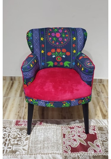 Kayser Home Berjer - Tekli Koltuk - Etnik Desen - Ahşap Ayak - Nubuk Kumaş - Kırmızı Kırmızı