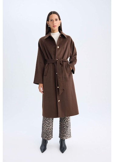 DeFacto Relax Fit Uzun Kaşe Kaban Polo Yaka Düğmeli Kemerli Cepli C9467AX24WNBN495 Kahve DeFacto Relax Fit Uzun Kaşe Kaban Polo Yaka Düğmeli Kemerli Cepli C9467AX24WNBN495 Kahve