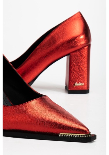 Suins Premium Verty Model Kadın Kalın Topuklu Burnu Taşlı Rugan Stiletto Ayakkabı Kırmızı