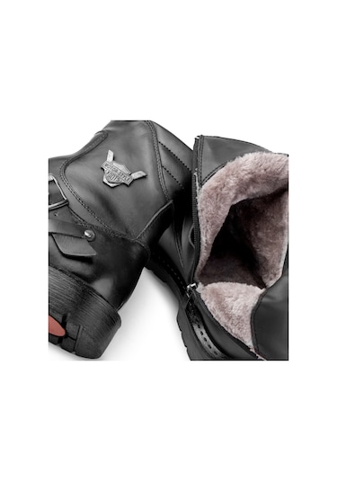 Ducavelli Rock Hakiki Deri Erkek Bağcıksız Kürklü Postal Bot, Harley Bot Siyah