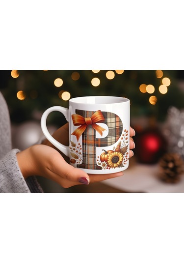 P Harfi Ekose Ve Sonbahar Temalı Kupa Bardak - Kişiye Özel Sıcak Tonlar Alfabe Kupa - Hediye Beyaz