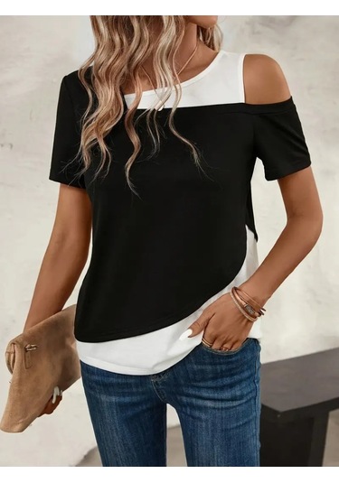 Ahes Shopping Kadın Kısa Kollu Geometrik Kesin Detaylı Çift Renkli Viskon Bluz Siyah