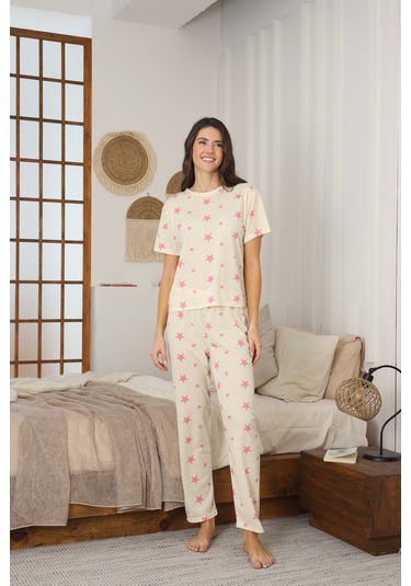 Kadın Yazlık Kısa Kol Penye Süprem Kumaş Pijama Takımı Sarı Yıldızlı