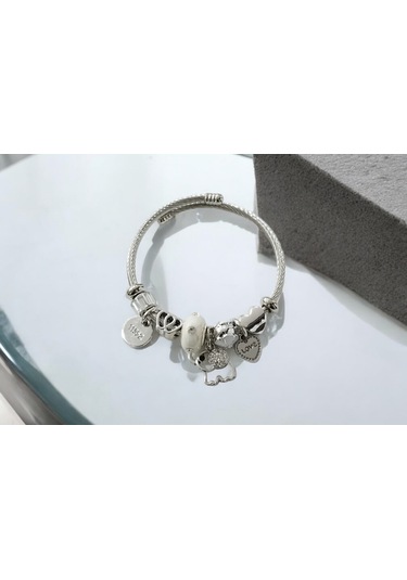 Kadın Çelik Charm Bileklik Bilezik Fil Figürlü Ekru Çelik