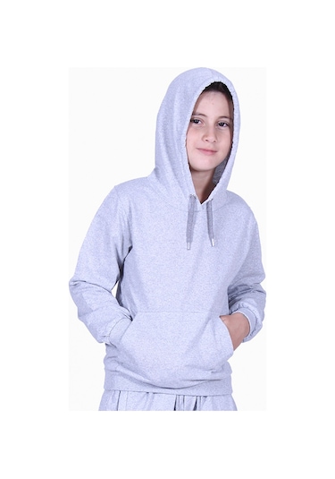 Fyk Kids Düz Kanguru Cepli Kapşonlu Sweatshirt Gri