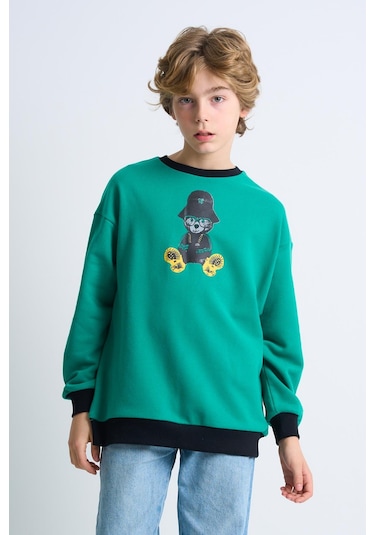 Alexandergardi Alexandergardı Baskılı Bisiklet Yaka Çocuk Sweatshirt Koyu Yeşil