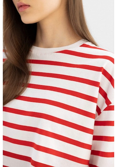 Defacto Coool Fitted Çizgili Kısa Kollu Tişört A9046AX24SMRD44 Kırmızı Defacto Coool Fitted Çizgili Kısa Kollu Tişört A9046AX24SMRD44 Kırmızı