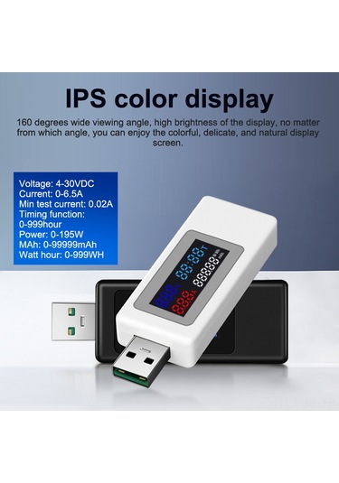 Jeemson Usb Test Cihazı 120w, 6 Fonksiyonlu Voltaj/akım/güç/süre/kapasite , Ips Renkli Ekran, 65w/120w Süper Şarj Desteği, Beyaz