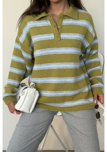Yeşil Polo Yaka Çizgili Kadın Triko Kazak Mg2469 Yeşil