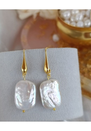 24k Altın Kaplama Gerçek Barok Kare Inci Tasarım Küpe Beyaz Gold