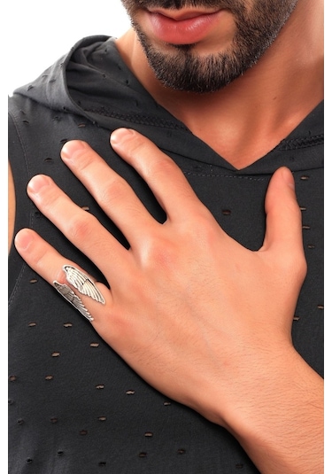 Erkek Antik Gümüş Kaplama Ayarlanabilir Melek Kanadı  Yüzük Gümüş