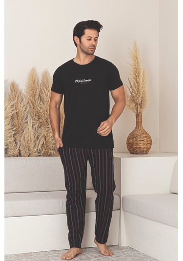 Dreamy Pamuklu Cepli Kısa Kollu Çizgili Erkek Pijama Takımı Siyah