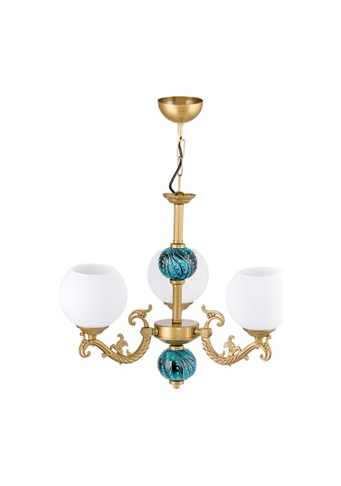 Dede Üç Kollu Zamak Avize Beyaz Camli Yeşil Çinili