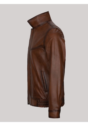 Hakiki Kuzu Derisi Fermuarlı Cepli Erkek Deri Mont Taba Taba