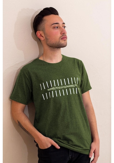 Erkek Haki Çizgi Baskılı Normal Kesim Bisiklet Yaka Erkek Tişört 22etshmros 001