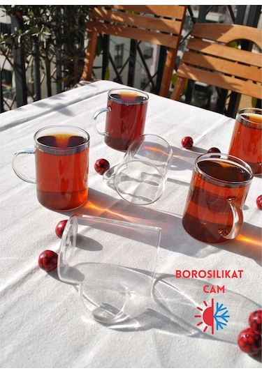 6lı Borosılıkat Cam Kupa Çay Bardak 200 Ml Kulplu Çay Bardağı Sade Şeffaf