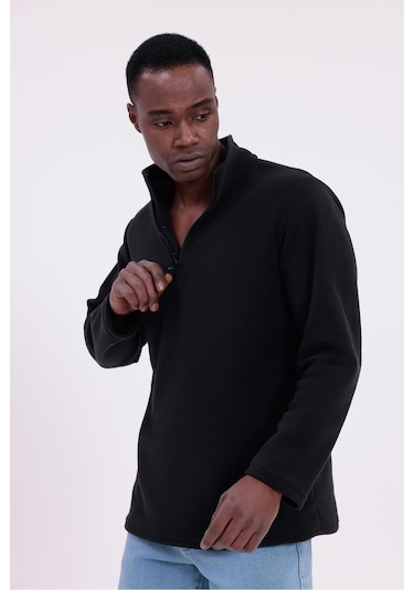 Freemen Erkek Fit Dik Yaka Yarım Fermuarlı Sweatshirt Polar Siyah