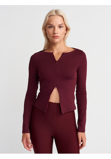 Dilvin 31993 Fermuar Detaylı Uzun Kollu Top-bordo Bordo