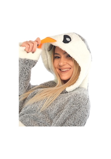 Zeynep Tekstil Penguen Nakışlı Kapşonlu Wellsoft Bornoz 153-99-1078 Gri