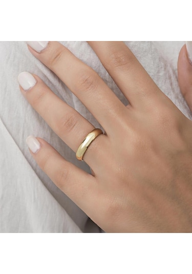 4 mm Bombeli Klasik Düz Altın Kaplama Tek Gümüş Alyans Yüzük