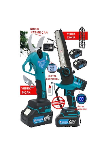 Dijital Göstergeli 2li Set A Plus 21v 3ah 50mm Budama Makası Kömürsüz Budama Testeresi