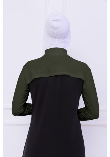 Balıkçı Yaka Boyunluklu Kolluk Haki Yeşil - Likralı Dik Yakalı Kadın Body Tesettür Crop Bolero Haki