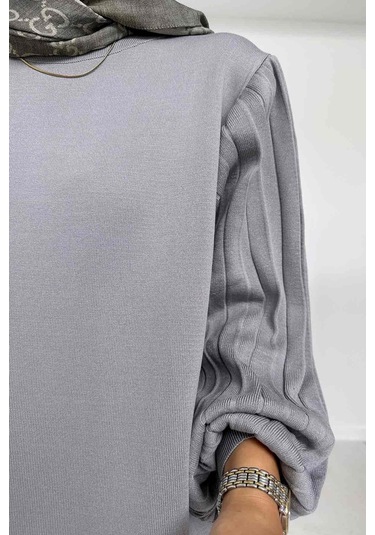 Balon Kol Merserize Elbise - Gri