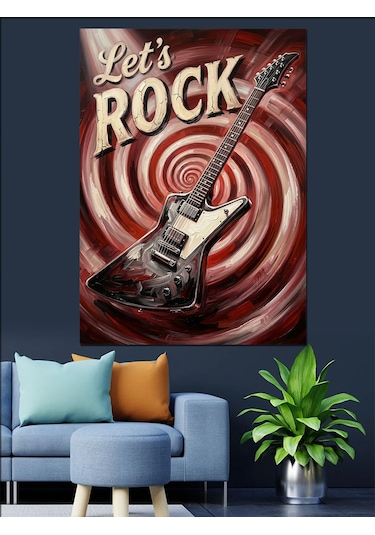 Let's Rock Yazılı Gitar Ve Girdap Dekoratif Kanvas - Mdf Ahşap Tablo