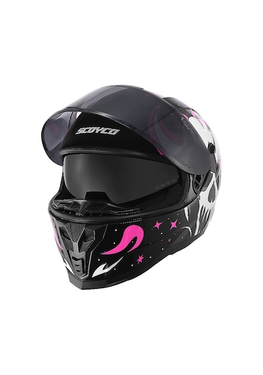 Scoyco Double Ve Güneş Vizörlü Full Face Kask Beyaz Siyah Pembe