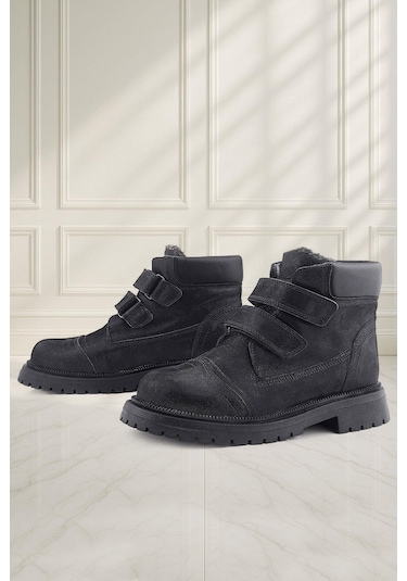 Rakerplus Siyah Simli Cırt Cırtlı Hakiki Deri Kız Çocuk Bot Siyah