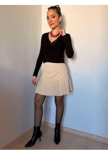 Ali Butik Krem Altı Pileli Mini Etek Krem