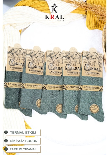 Kral Socks Erkek Kışlık Termal Etkili 5'li Paket Lambswool Kuzu Yün Çorap Haki
