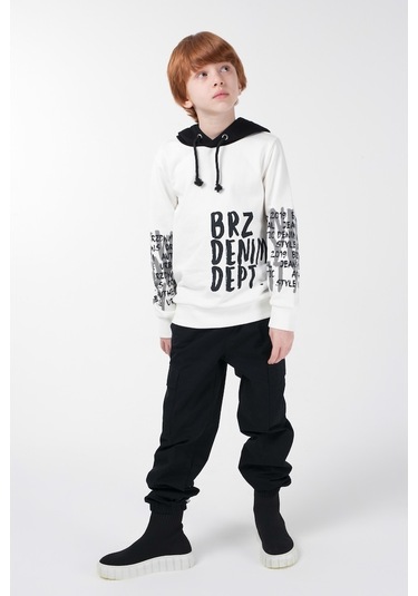 Brz Kids Ekru Renk Baskılı Erkek Çocuk Kapüşonlu Sweatshirt Beyaz