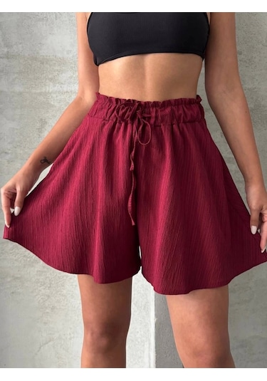 By Mop Volanlı Keten Şort Bordo S255058 Bordo
