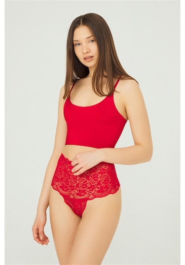Kırmızı Dantelli Lastik Detaylı Yüksek Bel Kadın Tanga Külot Kırmızı
