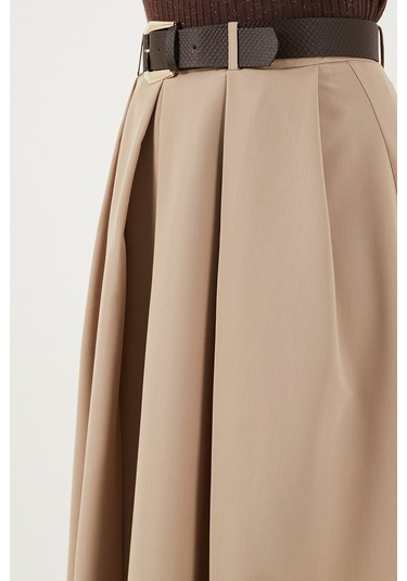 Lela Modest Kemerli Comfort Fit Yüksek Bel Pileli Kloş Uzun Tesettür Bayan Etek 6833360 Camel
