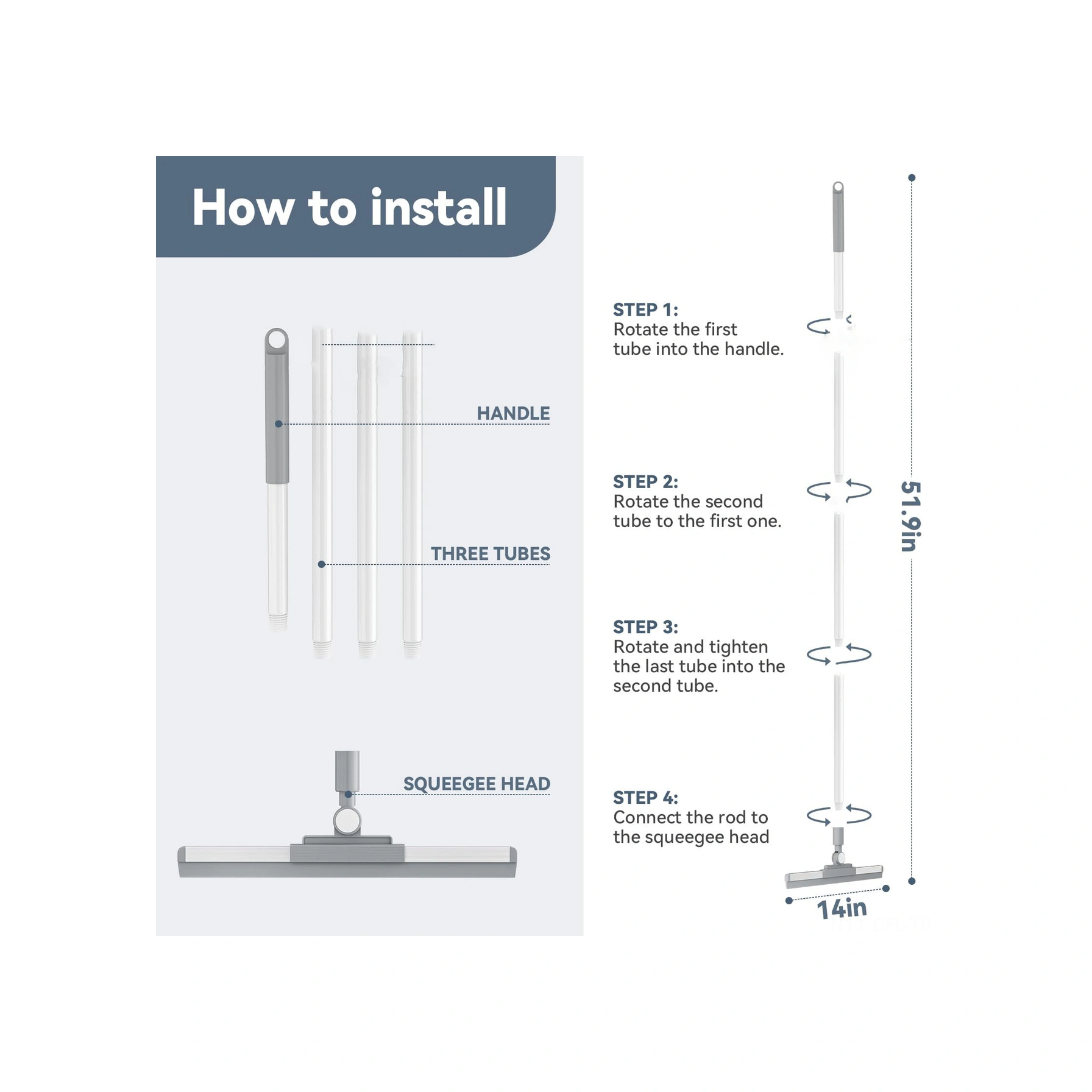 Dofolink 180 Derece Döner Başlı Kauçuk Squeegee - 52 İnç Uzun Saplı Zemin Penceresi Banyo Tuğla Garaj Temizleme Aracı Beyaz