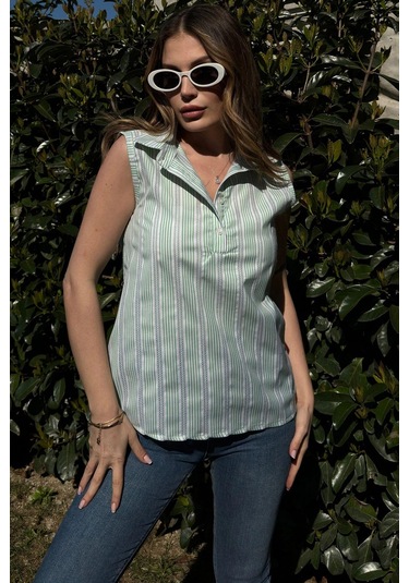 Kadın Yeşil Çizgili, Dokulu Yazlık Kumaş, Yarım Patlı, Sıfır Kollu Bluz Yeşil