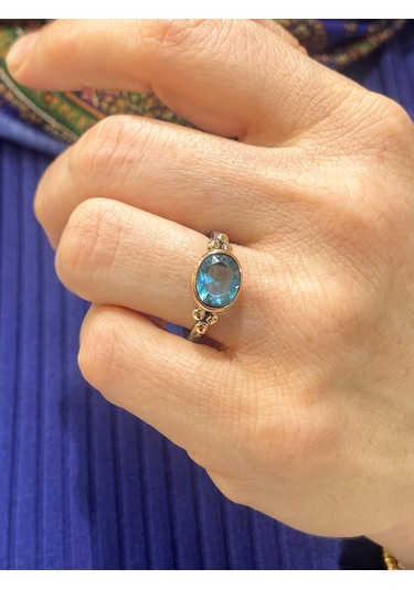 Magümüş El Üretim Doğal Oval Akuamarin Otantik 925 Ayar Gümüş Yüzük