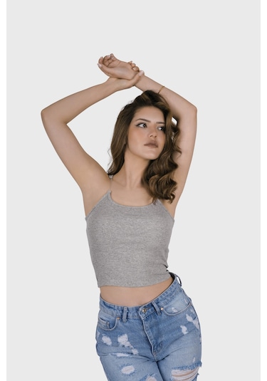 Simala Kadın Şeffaf Askılı Gri Kaşkorse Yazlık Şık Body Crop Gri