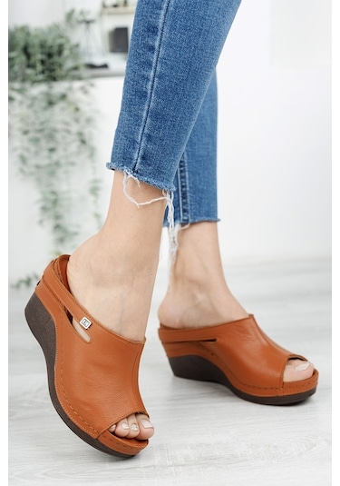 Hakiki Deri Dolgu Topuk Kadın Terlik