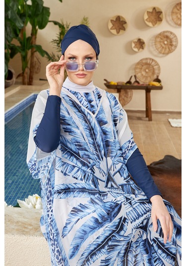 Remsa Mayo Tesettür Mayo Üzerine Desenli Tek Kaftan Pareo 430-301 Maldiv Mavi Mavi
