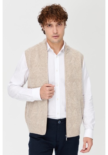 Erkek Dik Yaka Baklava Desenli Yün Yelek V.bej V.bej