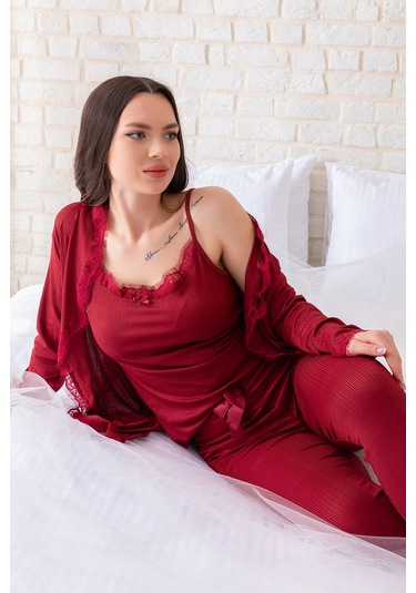 Sabahlıklı Dantel Detaylı Pegasus Kadın Pijama Takımı-çeyizlik Takım- Geniş Beden Aralığı Bordo