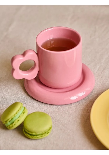 Roomi Seramik Çay Takımı 325 Ml, Kup Ve Halka Desenli Fincan Takımı 458193317 Pembe